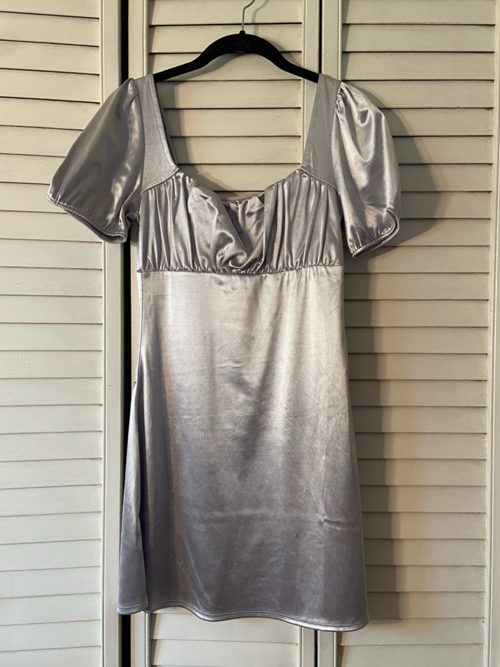H&M Divided Silver Satin Mini Dress with Puff Sleeves